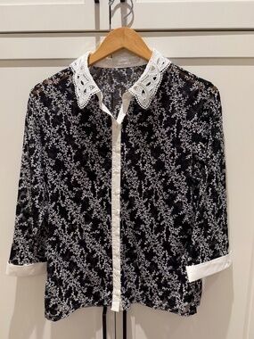 Anne Fontaine Black White Lace Blouse Ornate Peter Pan Collar Size 44 / US 12